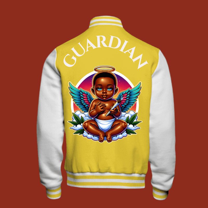 Yellow Guardian varsity jacket with angel graphic and white sleeves, showcasing the iconic design and style of the limited edition series.