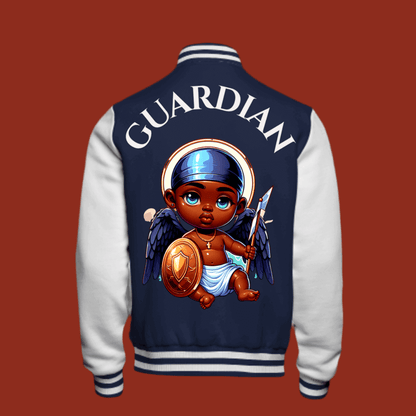 Guardian Varsity Jacket back view with angelic warrior design, navy and white, limited edition.