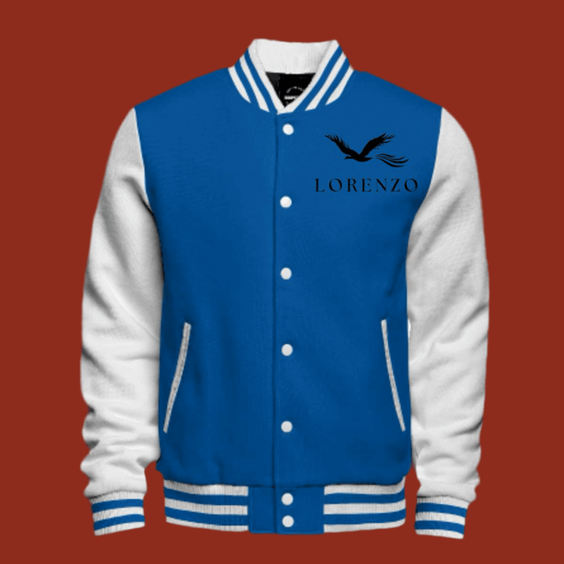 Blue and white Guardian Varsity Jacket by Lorenzo with logo, featuring classic style and modern comfort.