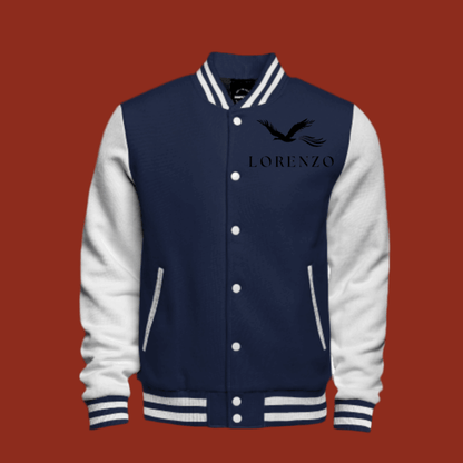 Navy and white Guardian Varsity Jacket with logo on chest, showcasing classic style and modern comfort.