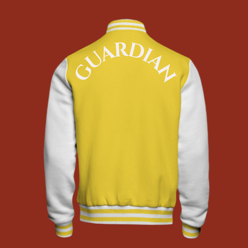 Stylish Guardian varsity jacket in yellow and white with premium materials, showcasing classic design against a red backdrop.