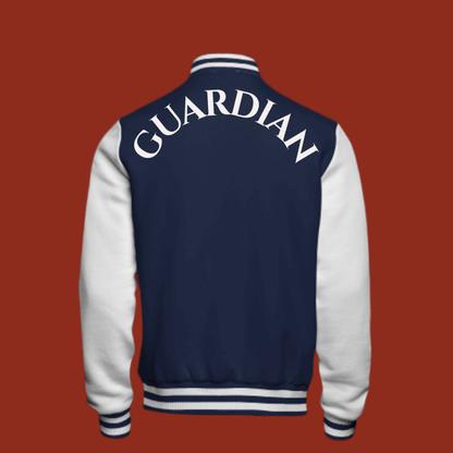 Guardian Varsity Jacket back view in navy and white, showcasing classic style with premium materials for a timeless look and comfort.