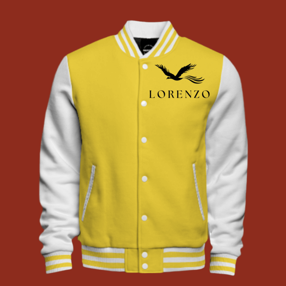 Yellow and white varsity jacket with "Lorenzo" logo, showcasing classic style and modern comfort.