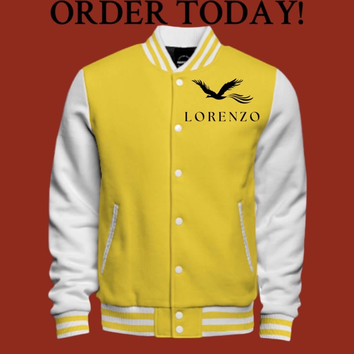 Limited edition yellow and white Guardian Varsity Jacket with black logo, featuring durable premium materials and classic style.