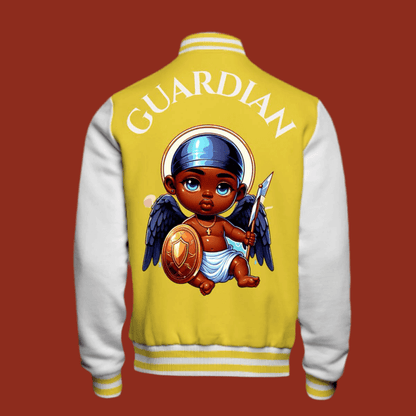 Warrior Guardian limited edition varsity jacket featuring bold angelic graphic on the back, combining style and comfort.