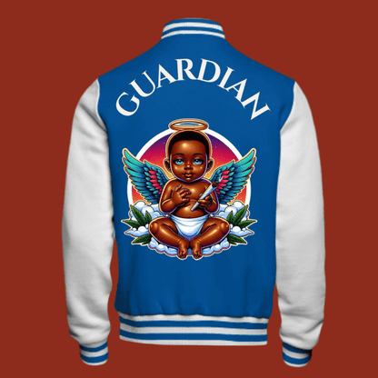 Guardian Varsity Jacket with angelic baby design, blue and white, limited edition iconic style for warmth and durability.