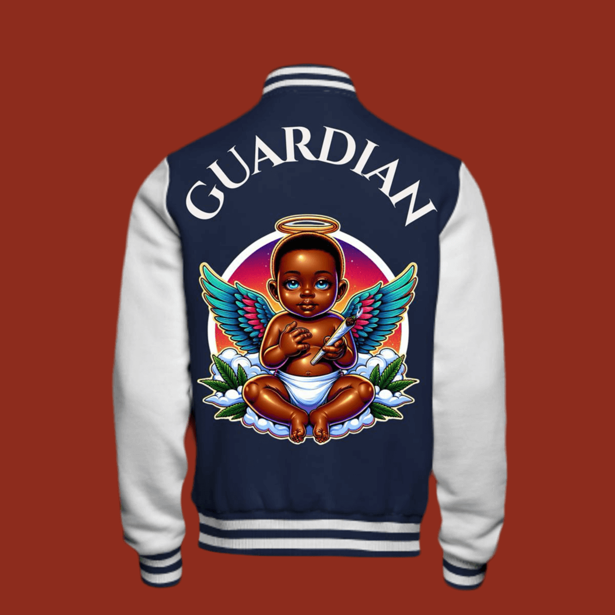 Limited Edition Guardian Varsity Jacket with angel design on back, featuring premium materials for style and warmth.