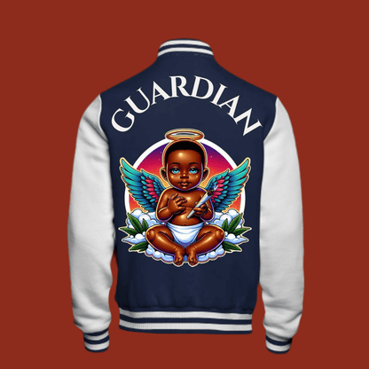 Limited Edition Guardian Varsity Jacket with angel design on back, featuring premium materials for style and warmth.