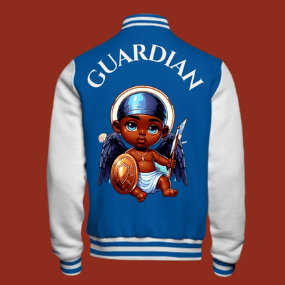 Limited Edition Guardian Varsity Jacket featuring a bold guardian angel design on blue and white fabric, showcasing unique style.