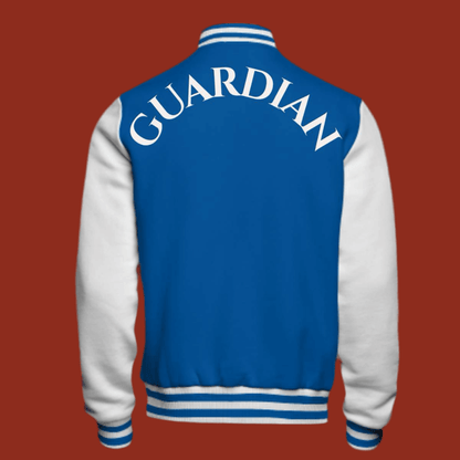 Guardian Varsity Jacket in blue and white, shown from the back with bold lettering, offering a classic, timeless style.